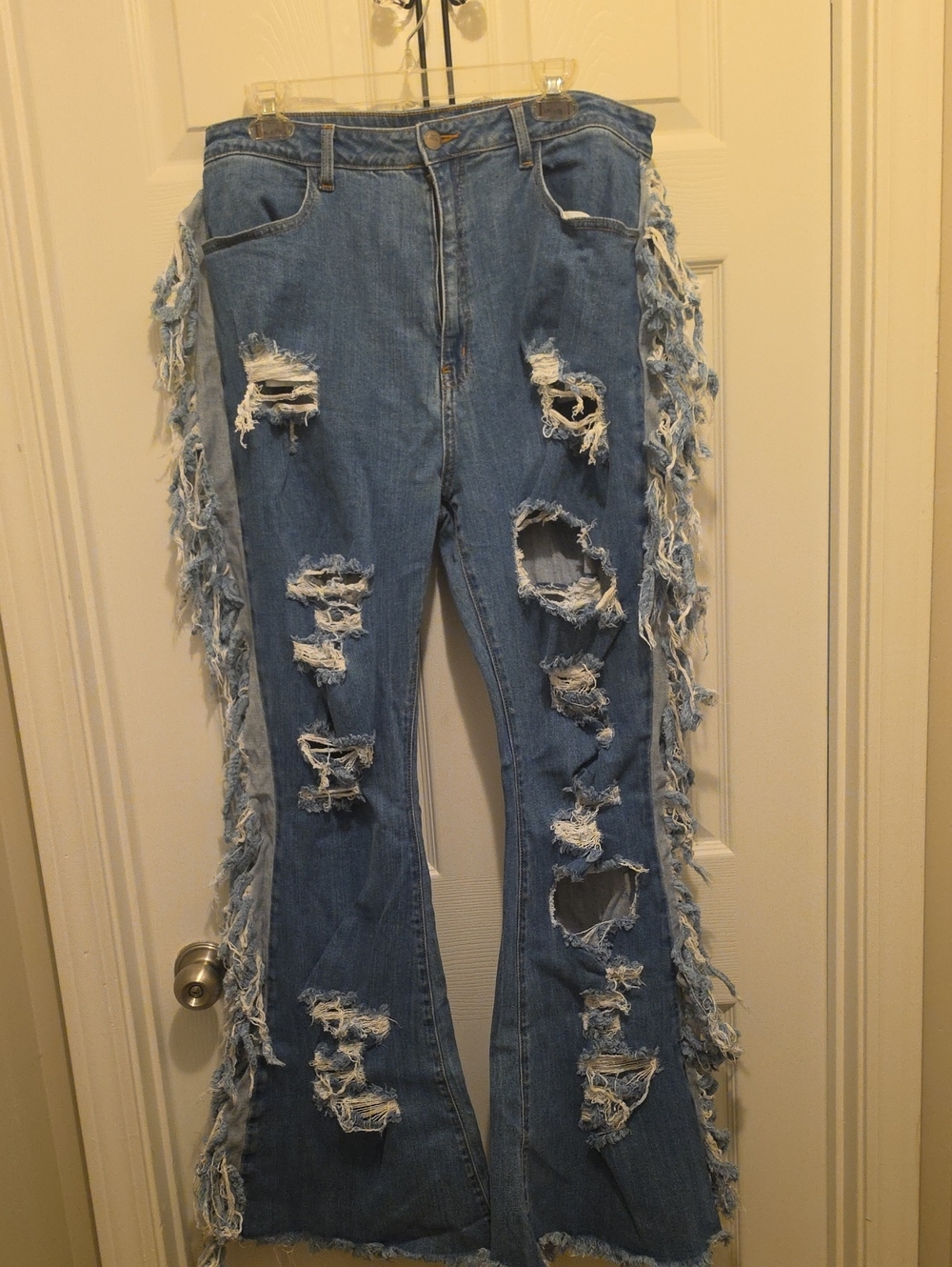 High Rise Flare Jeans Heavy Destroyed & Side Denim Tassel